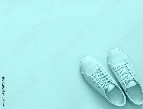 Blue leather sneakers on blue background. Pair of blue sport shoes or sneakers with copy space for text or design. Overhead shot of new blue sneakers, monochrome. Top view or flat lay