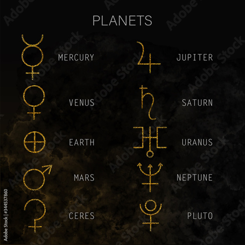 Gold planets signs and symbols set. Minimalist glitter astrology collection Astronomical illustration. Solar planetary system in vector isolated on black background