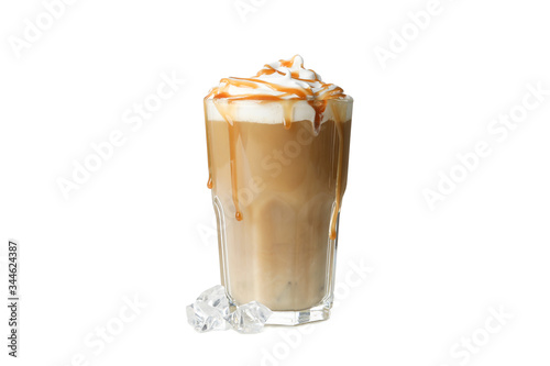 Iced coffee with poured cream isolated on white background