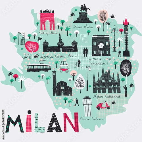 Cartoon map of Milan. Italy. Print design