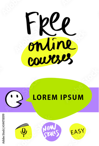 Freehand drawn template poster, banner, landing page for Home schooling . Design illustration for education channel with distance learning. Free online course with new skill to learn for all ages