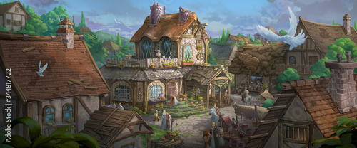 An illustration of the small medieval fantasy garden house in a town.