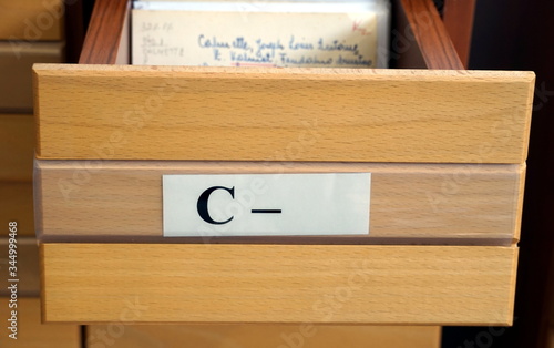 Letter C on an open drawer of a wooden library catalog