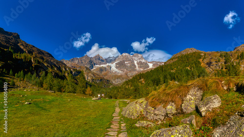 Val Sesia scenic landscape with view of Monte Rosa, Alagna Valsesia, Piedmont, Italy