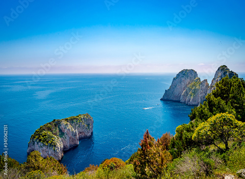 View of famous Faraglioni Rocks in Capri island, Italy.