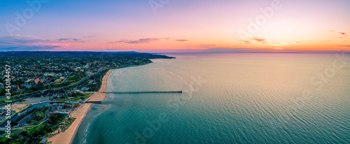 Aerial panorama of beautiful sunset over Frankston waterfront in Melbourne, Australia