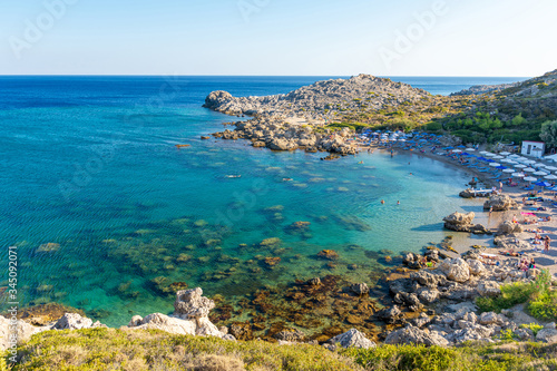 view on beautiful Ladiko beach on Rhodes island in Greece