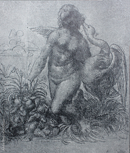 Sketch for painting Leda and Swan by by Leonardo Da Vinci in a vintage book Leonard de Vinci, author A. Rosenberg, 1898, Leipzig