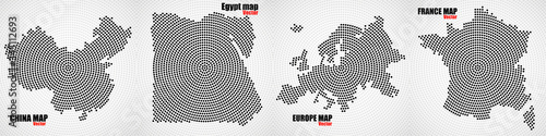 Set map of radial dots China, Egypt, Europe and France. Vector illustration