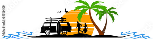 Palm Beach Van Surf Silhouette Vector