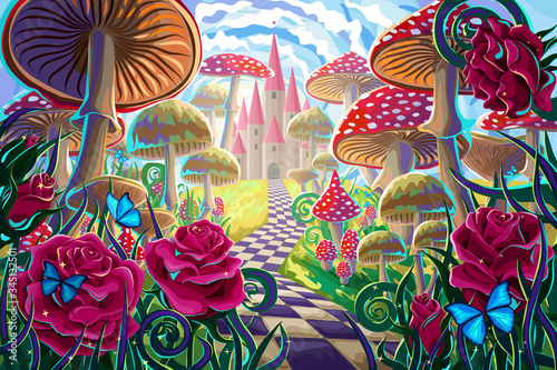 fantastic landscape with mushrooms, beautiful old castle, red roses and butterflies. illustration to the fairy tale "Alice in Wonderland"