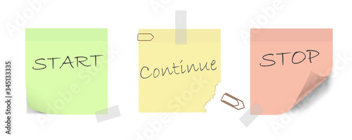 Start, Continue, Stop. Colorful sticky notes to be used by agile development teams for retrospective evaluation.