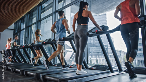Group of Six Athletic People Running on Treadmills, Doing Fitness Exercise. Athletic and Muscular Women and Men Actively Workout in the Modern Gym. Sports People Workout in Fitness Club. Side View