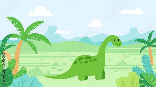Cute diplodocus dinosaur in prehistoric landscape