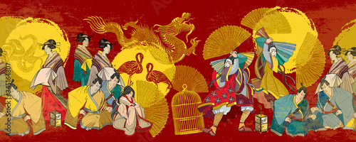 Japanese horizontal seamless pattern. Golden dragon, sun, samurai and geishas. Classical engraving art. Asian culture. Oriental art. Kabuki actors. Medieval ancient Japan background