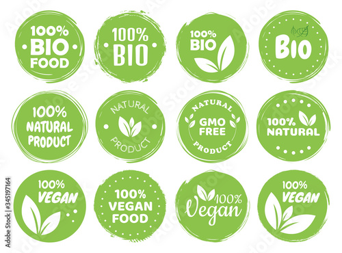 Vegan food logo labels and tags. Vegetarian eco, natural product green concept. Vector hand drawn illustration.
