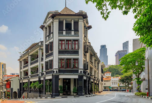 Famous Club street in Singapore Chinatown with colorful colonial shop houses