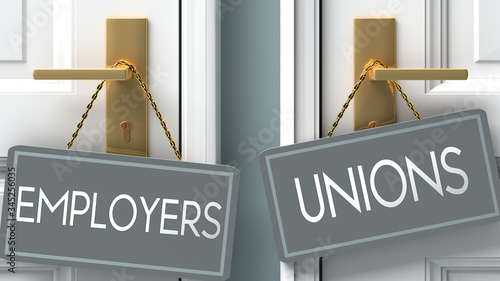 unions or employers as a choice in life - pictured as words employers, unions on doors to show that employers and unions are different options to choose from, 3d illustration