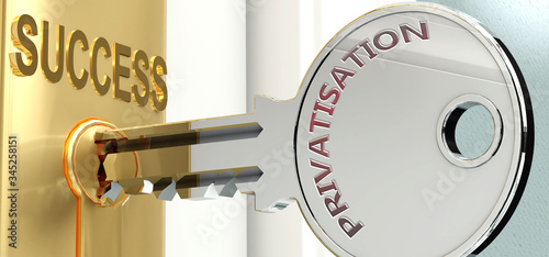 Privatisation and success - pictured as word Privatisation on a key, to symbolize that Privatisation helps achieving success and prosperity in life and business, 3d illustration