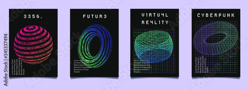 Set of cyberpunk/ vaporwave/ synthwave style futuristic posters with binary code and 3d figures. Collection of covers for music, hackathon or informational security event.