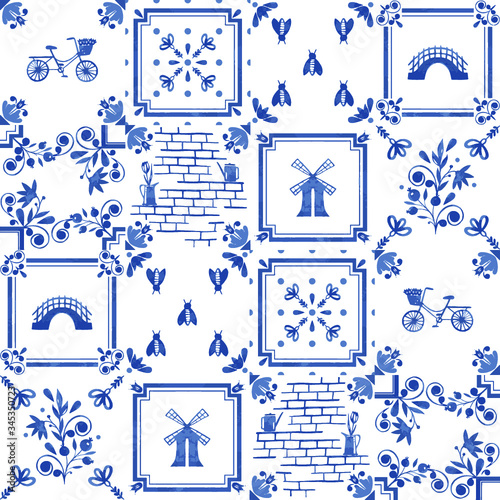 Watercolor seamless patterns with dutch ornaments. floral elements and decorations. Netherlands tiles 