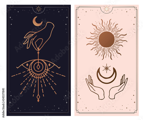 moon and sun Hands, Vintage Fortune Teller Hand with palm reading chart. Sketch graphic illustration with mystic and occult hand drawn symbols. astrological and esoteric concept.