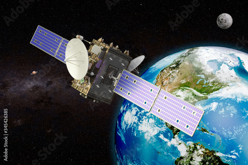 Geosynchronous satellite orbiting Earth, 3D rendering