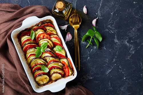 tian provencal in a baking dish, flat lay