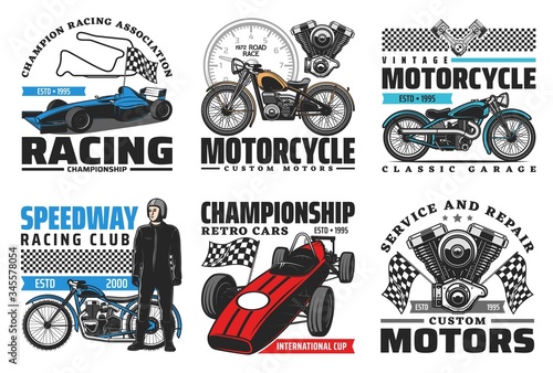 Speedway motorcycle bike races and car racing retro vector icons. Speedway racing club and retro sport cars championship cup, tournament racetrack, motorcycle garage repair and repair service signs