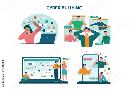 Cyberbullying concept set. Online harassment with unfriendly mean