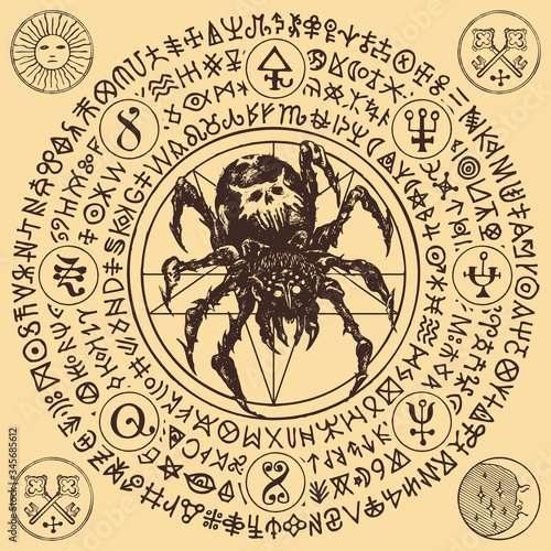 Decorative illustration with a big black spider on the background of unreadable abstract scrawls written in a circle. Vector hand-drawn banner in retro style on a background of old yellowed paper