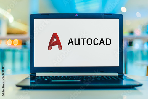 Laptop computer displaying logo of AutoCAD