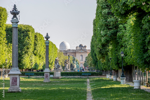 Paris, France - April 23, 2020: Great Explorers Garden (Jardin des Grands Explorateurs Marco Polo et Cavelier de la Salle, 1867). Great Explorers Garden is located near Luxembourg Gardens