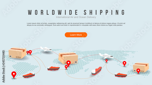 worldwide shipping by air and sea fright transport. transportation route. geo tagging. modern dot world map with coy space concept illustration.
