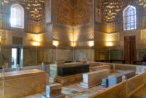 Interior inside the old ancient uzbek tomb - Amir Temur maqbarasi, Go‘ri Amir in Uzbekistan.