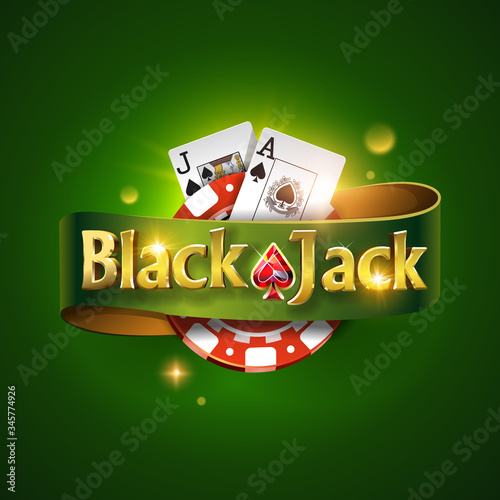 Blackjack logo with green ribbon and on a green background, isolated. Card game. Casino game. Vector illustration