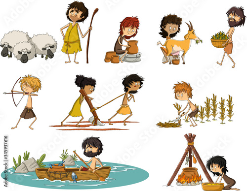 Group of cartoon neolithic people working. Prehistoric people.