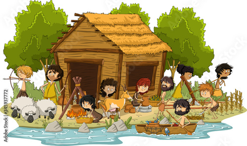 Group of cartoon neolithic people working. Prehistoric people.