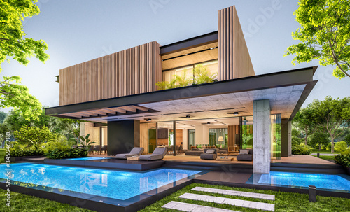 3d rendering of modern cozy house with parking and pool for sale or rent with wood plank facade and beautiful landscaping on background. Clear summer evening with cozy light from window.