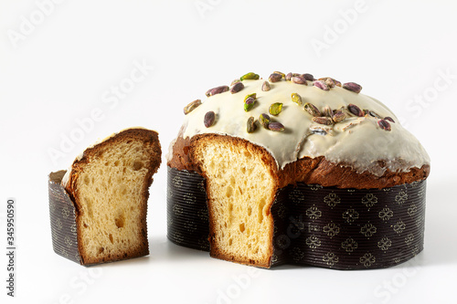 Easter festive sweet italian Bread Colomba with pistachio cream isolated on white