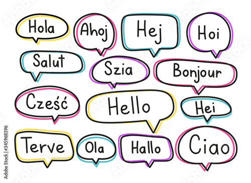 Greeting phrases in different languages. Handwritten lettering illustration. Black vector text in neon speech bubbles. Simple outline style