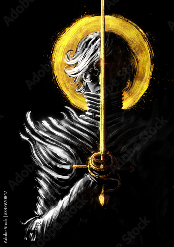 A woman swordsman in beautiful armor, stands straight and prays holding a Golden rapier in her hand, behind her bright yellow and gold sun . 2D illustration