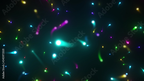 Neon Light Flying illumination Glow particles firefly abstract 3D illustration background.