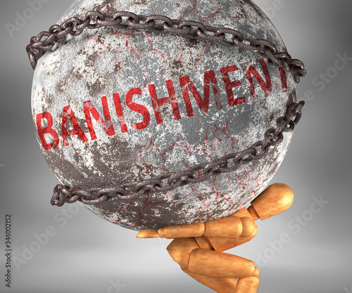 Banishment and hardship in life - pictured by word Banishment as a heavy weight on shoulders to symbolize Banishment as a burden, 3d illustration