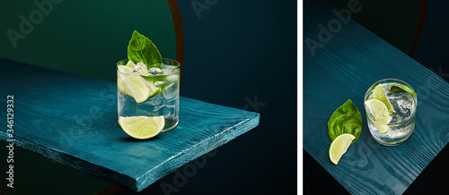 Collage of old fashioned glass with fresh drink, mint leaf and lime slice on blue wooden surface on green and blue geometric background