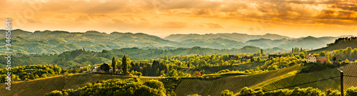 Panoramic view at famous wine street in south styria, Austrian destination, tuscany like vineyard hills.