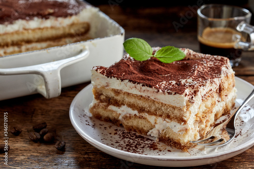 Close up on a portion of tiramisu Italian dessert