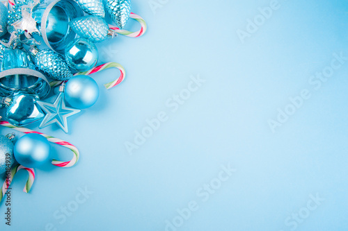 Close-up of Christmas decorations on the blue background