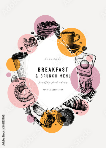 Breakfast trendy design. Morning food and drinks frame with abstract elements and geometric shapes.. Breakfast and brunch sketches. Perfect for recipe, menu, label, icon, packaging. 