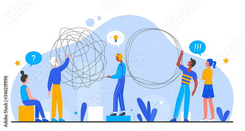 Solution business problem vector illustration. Cartoon flat employee people team brainstorming together, working on creative goal idea, solving problematic task. Business challenge, teamwork concept